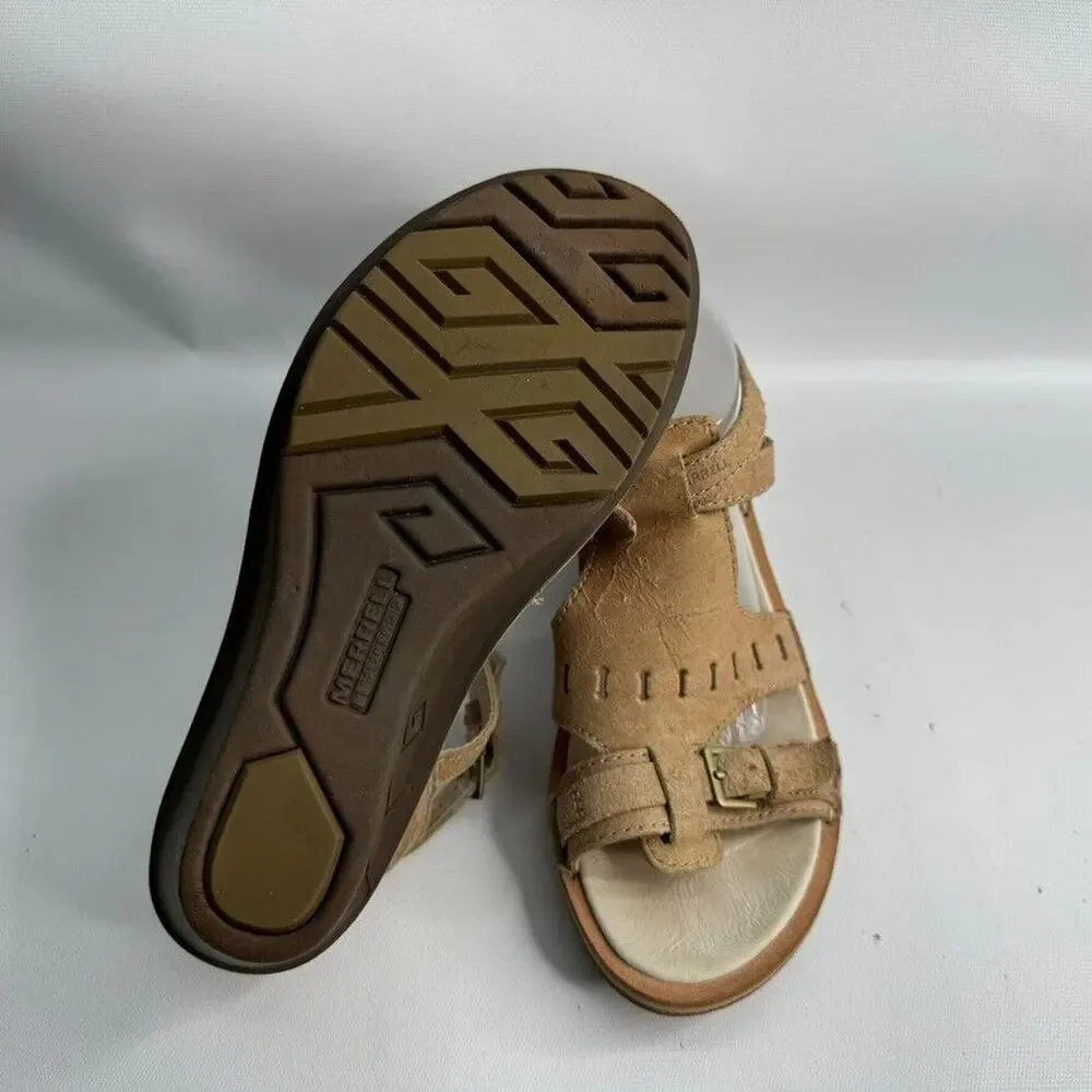Merrell Select Fresh J21952 Beige Leather Buckle Wedge Sandal Shoes Women's US 9